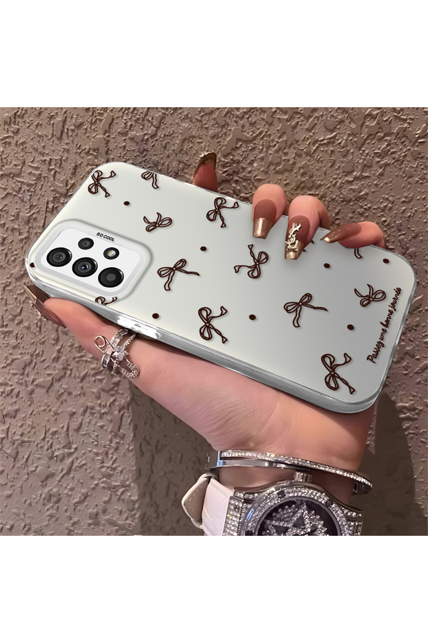 Samsung Galaxy A73 Compatible High-Quality Brown Bow and Dot Printed Case