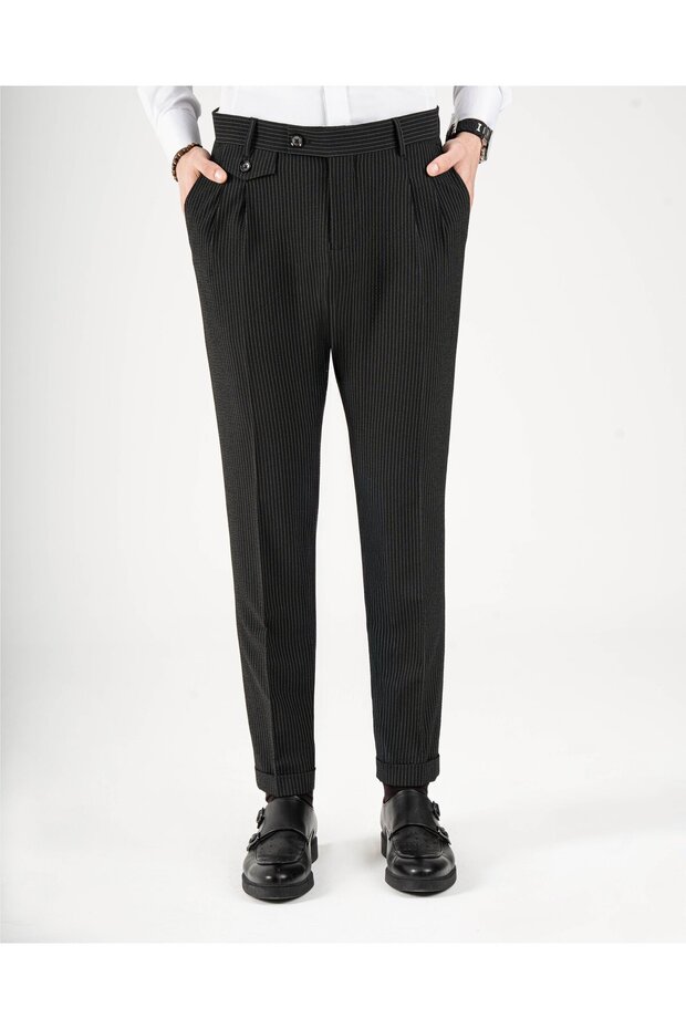 Slim Fit Bel Detailed Trousers Black T20036-01