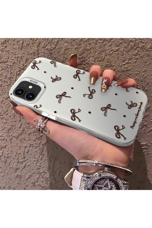 حافظة متوافقة مع iPhone 11 ذات جودة عالية وطباعة فيونكة بنية اللون ونقاط مطبوعة
