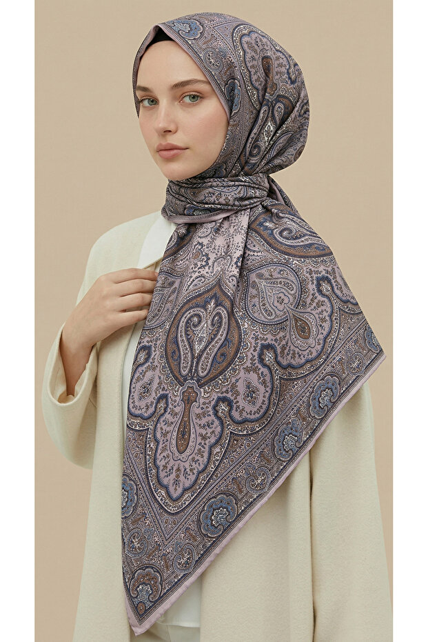 وشاح قطني منقوش من نيريس مقاس 120*120 سم - بيج / أزرق داكن