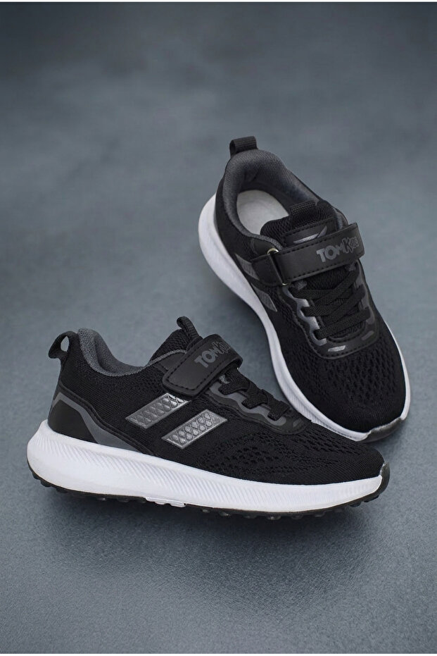 Tonny Black Çocuk Unisex Siyah Füme Rahat Kalıp Nefes Alabilen Cırtlı Bağcıklı Sneaker