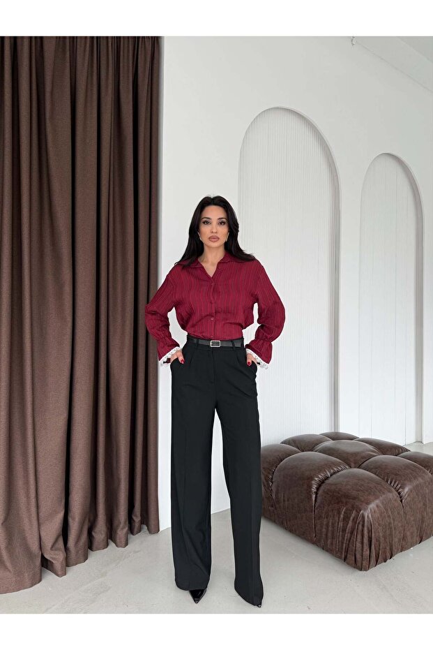Women's Jacquard Fabric Striped Sleeve Scallop Detailed Back Tie Stylish Shirt