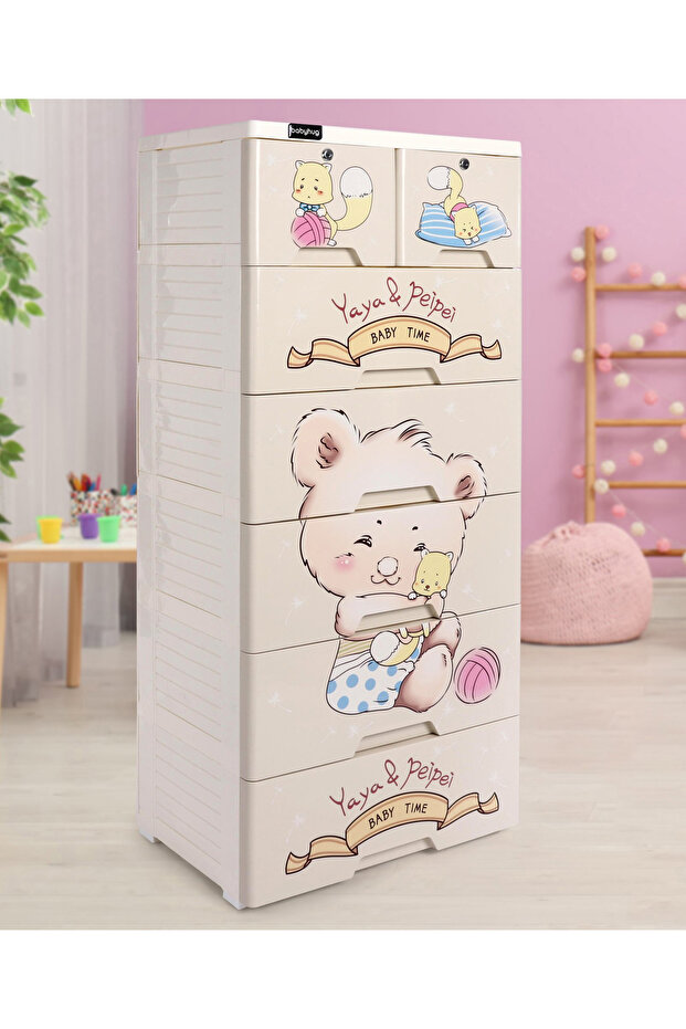 7 Compartment Teddy Printed Plastic Storage Cabinet - Cream