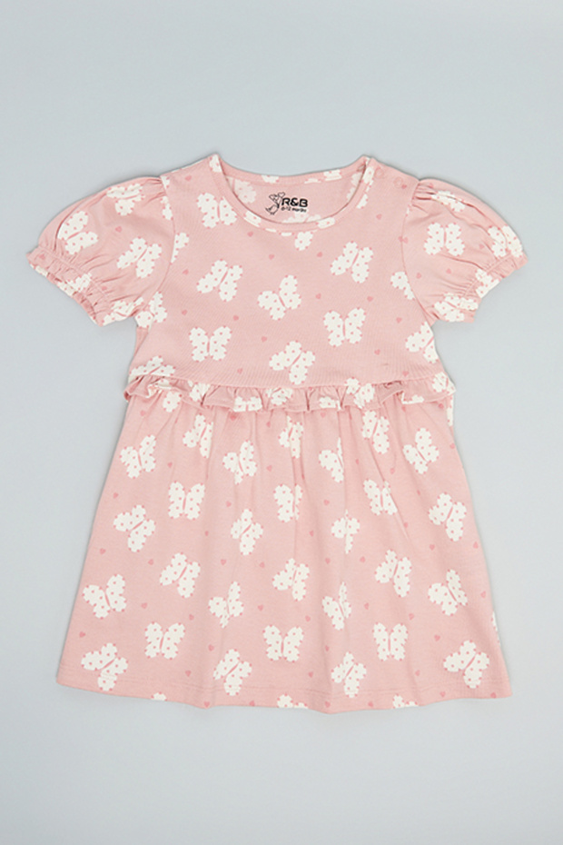 Printed Fit & Flare Dress with Crew Neck and Puff Sleeves