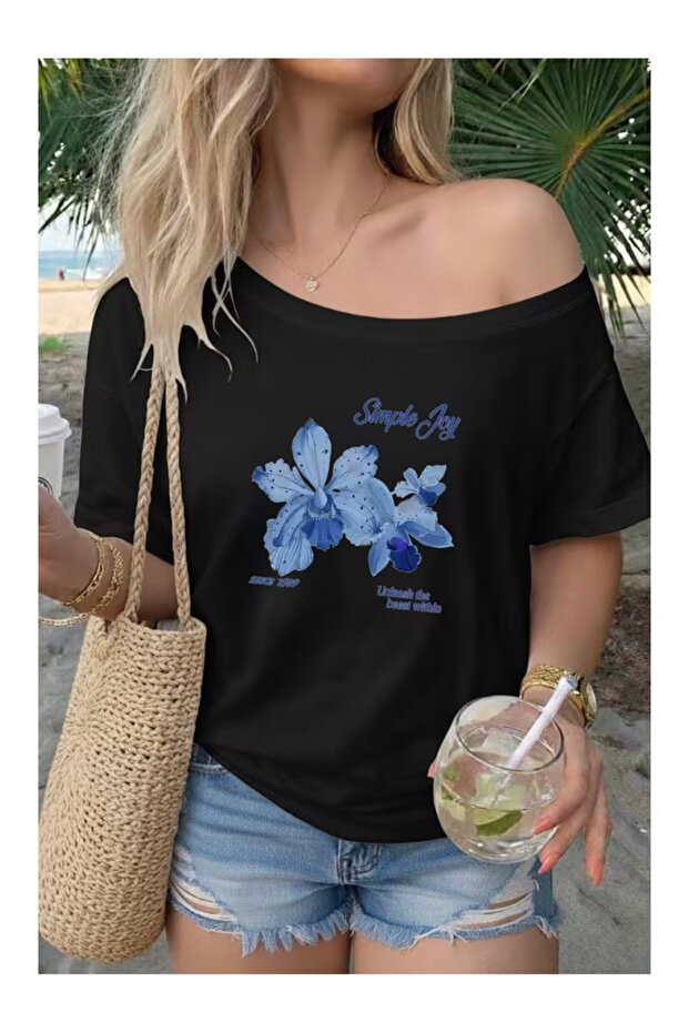 Women's Boat Neck Simple Joy Printed Oversize 100% Cotton T-Shirt