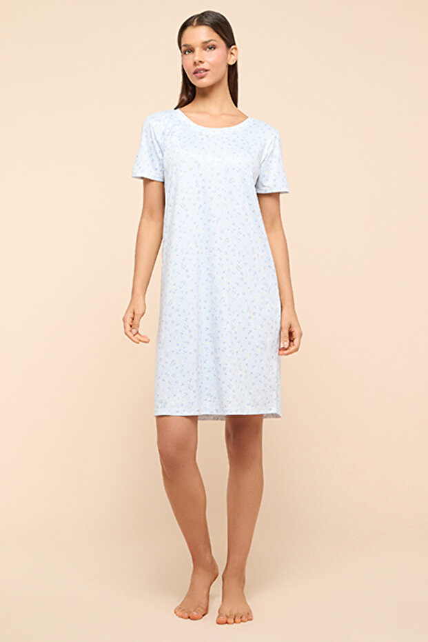 Printed Nightdress With Round Neck and Short Sleeves
