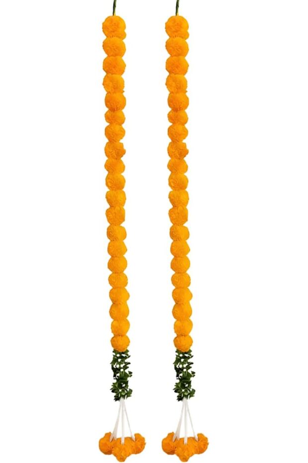 PHOOL MALA ORANGE WITH GREEN LEAVES HANGING 5 FEET 2PC