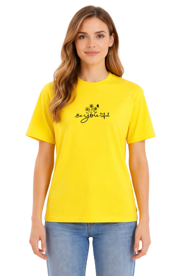 Unisex Oversize Yellow T-Shirt 100% Cotton Beyoutiful Floral Printed Loose Streetwear Women Men T-Shirt