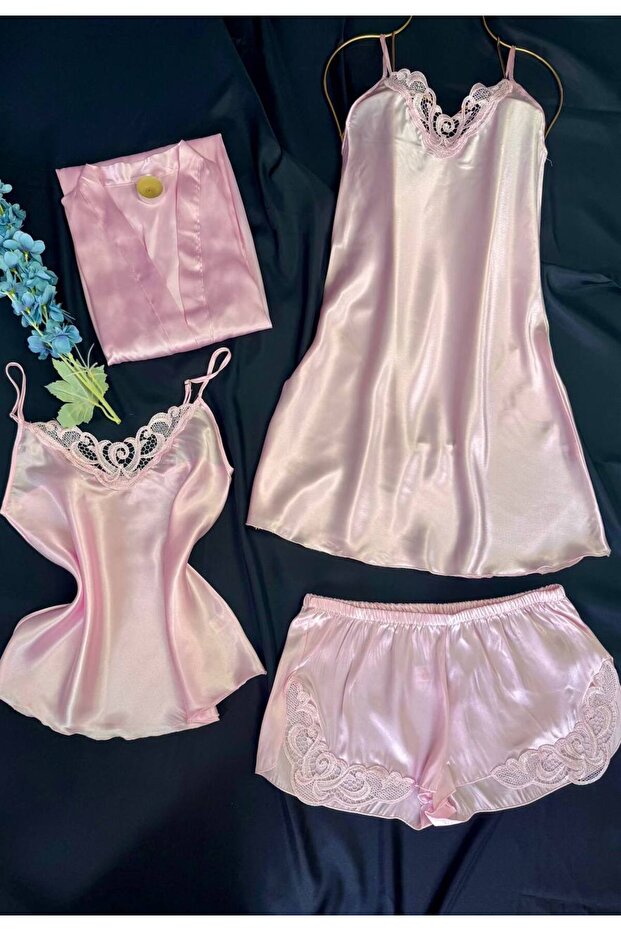 4-Piece Satin Dressing Gown Nightgown Pajama Set Dowry Set