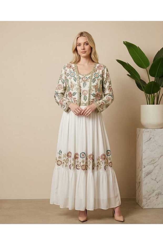 White Ethnic Embroidered Double Set - Jacket and Maxi Dress Set