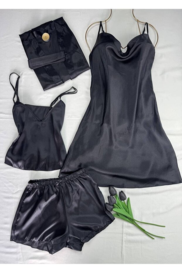 4-Piece Satin Dressing Gown Nightgown Pajama Set Dowry Set