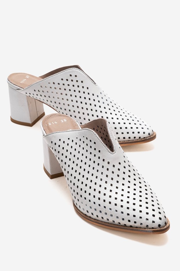 Toen White Skin Genuine Leather Women's Thick Heeled Slippers