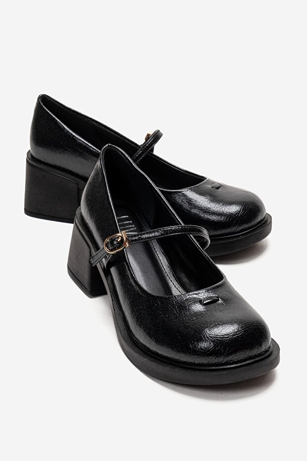 Luanda Black Strappy Women's Thick Heeled Mary Jane Shoes