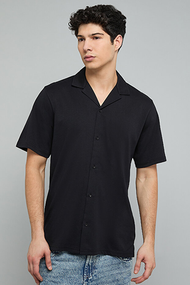 Textured Shirt with Revere Collar and Short Sleeves