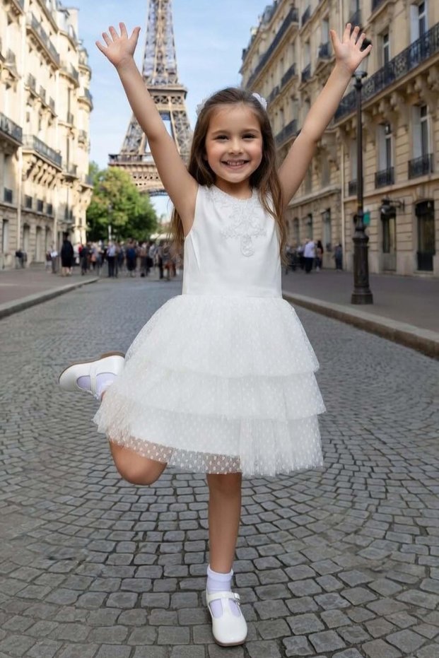 Girl's Collar Lace Mesh Embroidered Skirt Layered Polka Dot Detailed Sleeveless White Dress