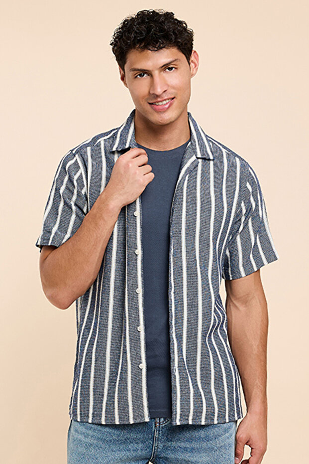 Striped Shirt with Reverse Collar and Short Sleeves