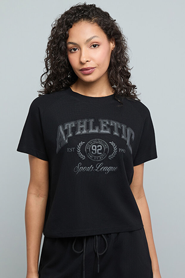 Embossed Print T-Shirt with Crew Neck and Short Sleeves