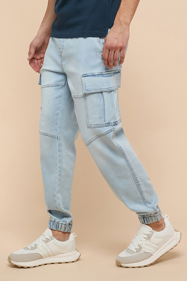 Solid Cargo Jeans with Button Closure - 2
