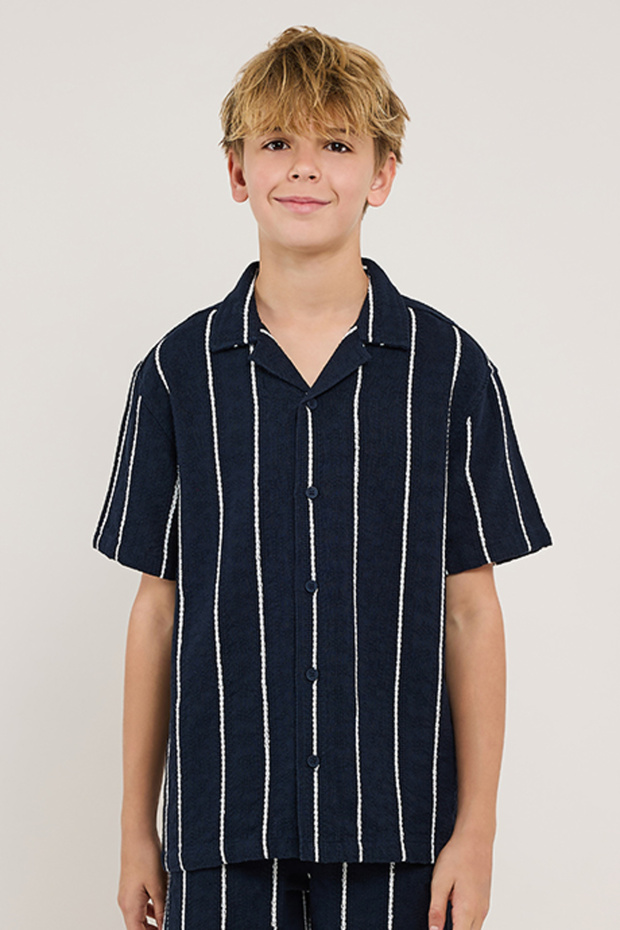 Striped Shirt with Revere Collar and Short Sleeves
