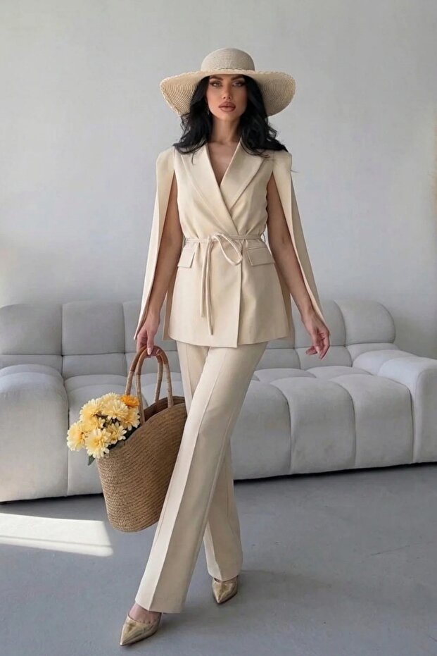 Women's Belted Blazer Vest Pants Two-Piece Suit