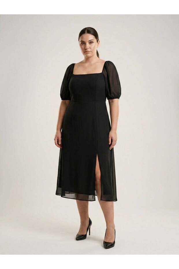 Apsen Women's Black Square Neck Transparent Short Sleeve Slit Detailed Midi Dress 4526-115