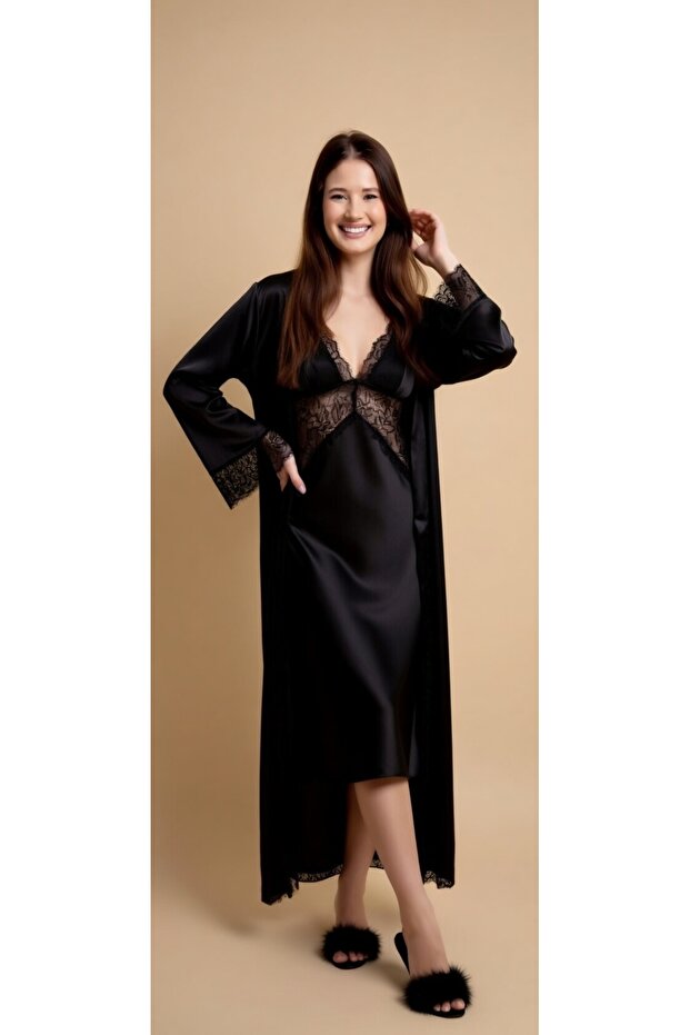 Stylish Lace Detailed Black Satin Nightgown & Robe Set