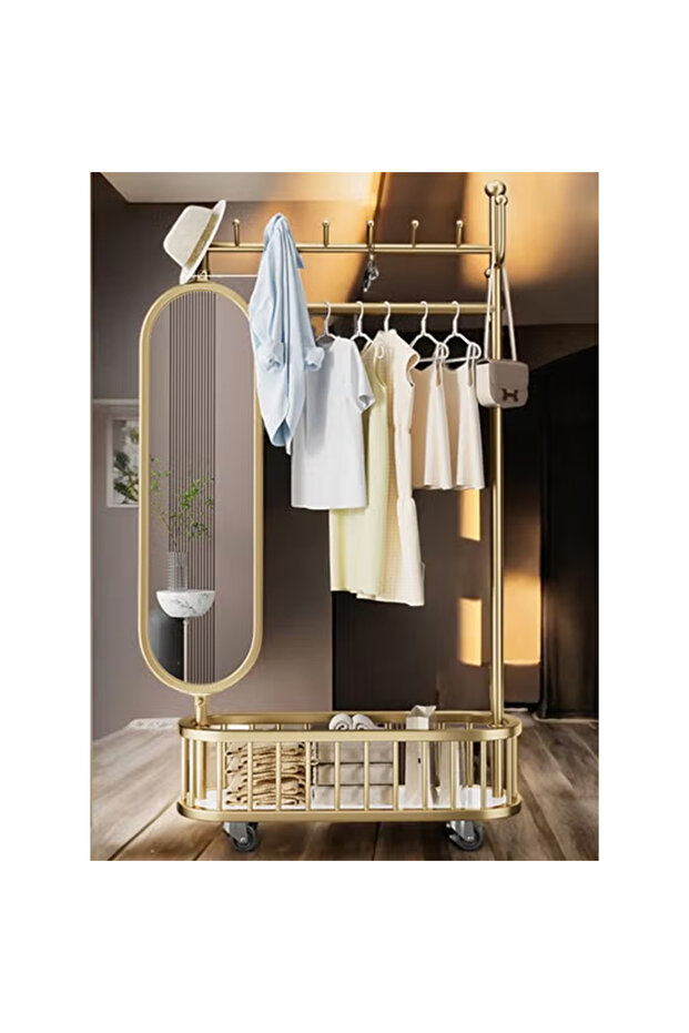 3-in-1 gold clothes hanger with mirror, hooks, basket & wheels – space-saving 80cm wardrobe stand.