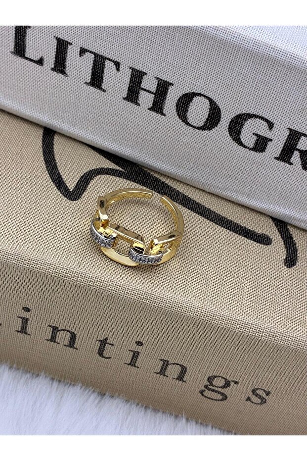 Gold Color Zircon Stone Thick Chain Detailed Special Series Adjustable Brass Ring T3