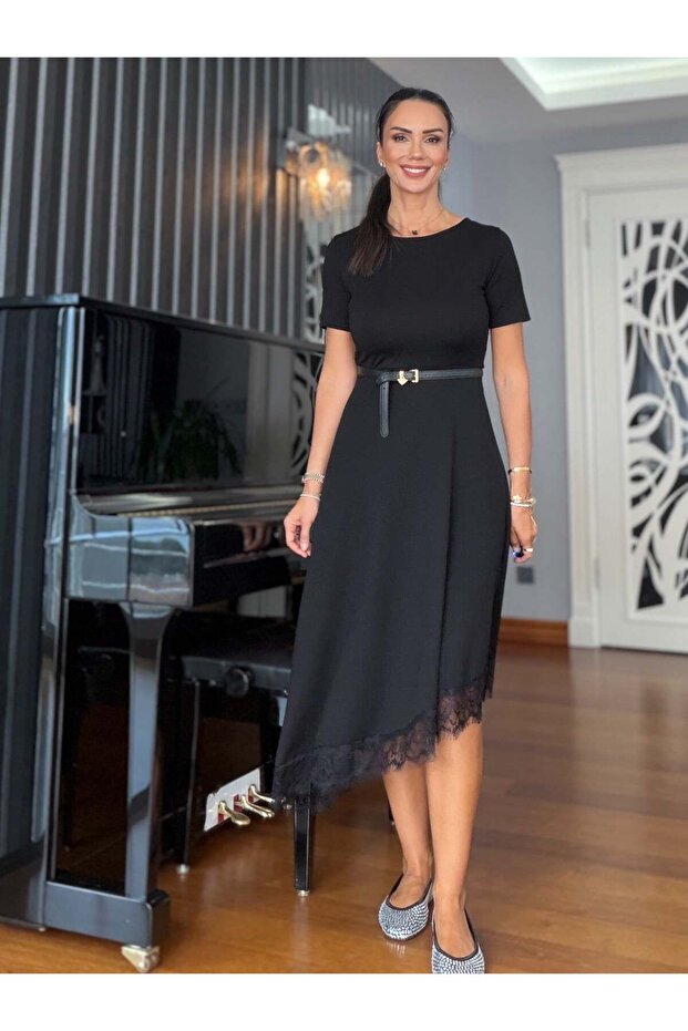 Black Asymmetrical Hem Lace Modal Dress