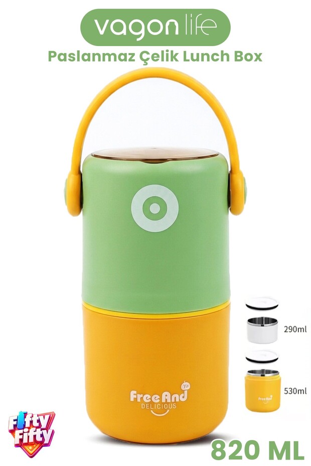 820 ml Leak-Proof 304 Stainless Steel Lunch Box with 2 Bowls New Generation Lunch Box with Spoon and Hanger -126782