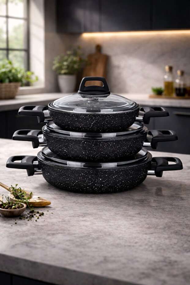 Stone 6 Piece Granite Crushed Sahan Omelet Set with Glass Cover Black 18/20/22 cm Non-Stick