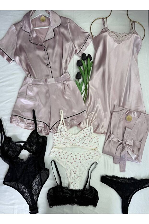 9-Piece Boxed Premium Dowry Set Satin Pajamas Nightgown Robe Lingerie Set