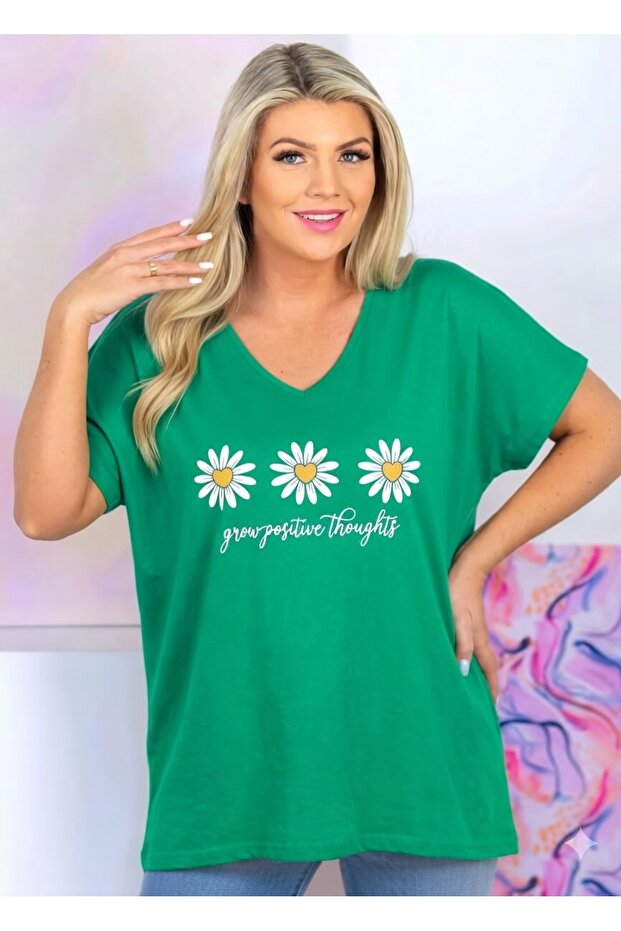Daisy Printed V-Neck Cotton Premium Plus Size Women's T-Shirt