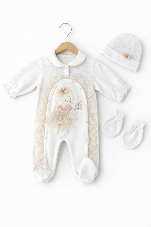 Teddy Bear Detail Baby Collar Baby Girl Jumpsuit