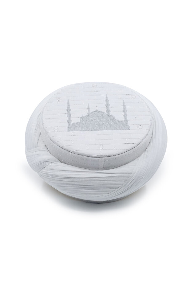 Mosque Yellow - White Fabric - White Veil - Crossed Wrap - Mosque Embroidered - 7 Meters
