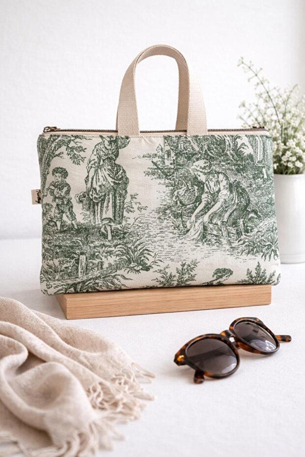 Handmade Green Toile De Jouy Patterned 11 Inch Tablet Bag Everyday Handbag Women's Bag