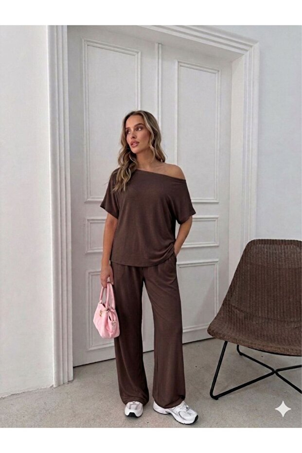 Women's Modal Fabric Casual Off-Shoulder Short Sleeve Blouse and Pants Two-Piece Set 0087