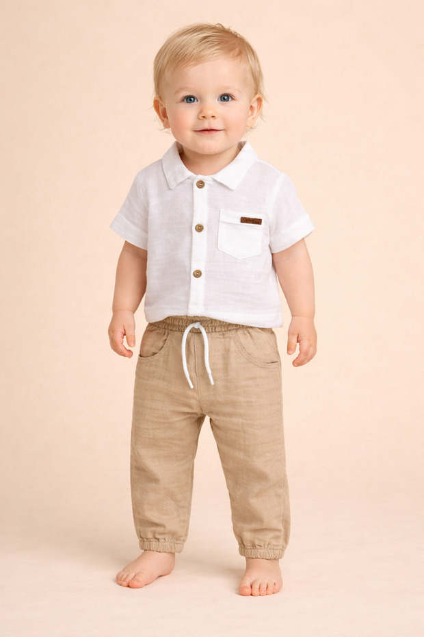 Baby Boy Muslin Fabric Pants and Shirt Set Summer Stylish Breathable 2-Piece Baby Set