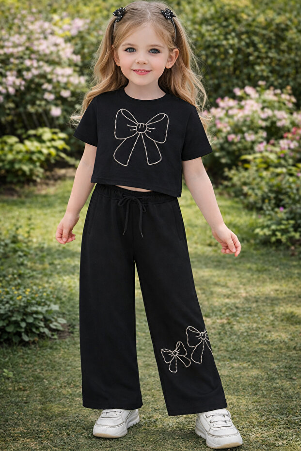 Girl's Ribboned Wide-Leg Sweatpants Set