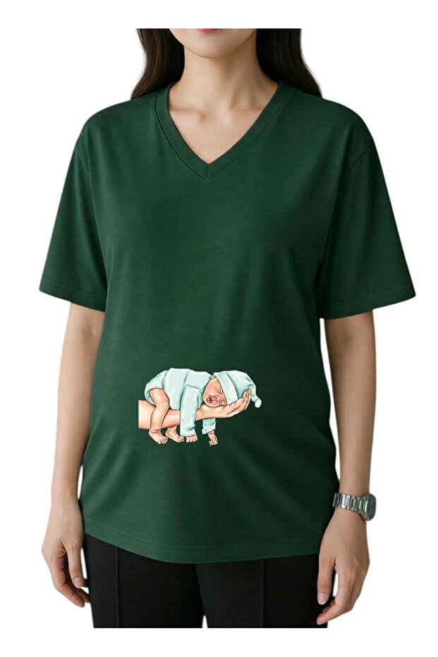 Elde Baby Printed V-Neck Oversized Maternity T-Shirt 1Gj6