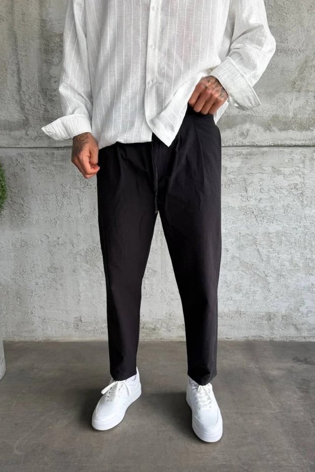 Men's Boyfriend Style Pleated Black Linen Trousers with Elastic Waist Summer Ke-1900