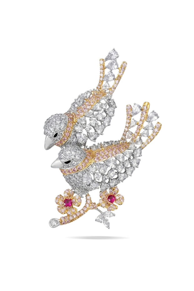 Twin Birds Crystal Brooch