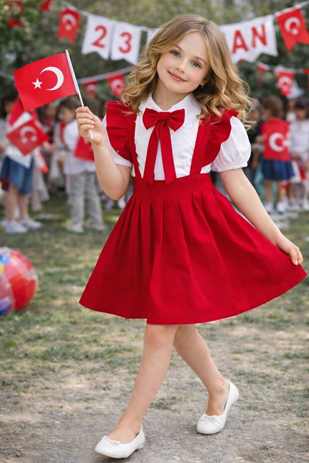 Red Dress Design Set with Tak Çıkart Bow Accessory and Shirt