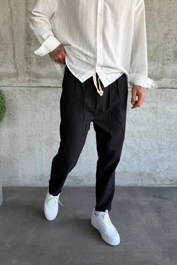 Boyfriend Fit Men's Linen Elastic Waist Pleated Linen Black Summer Trousers Ke-1700