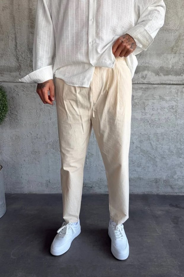 Men's Boyfriend Style Pleated Elastic Waist Beige Linen Trousers Summer Ke-1900