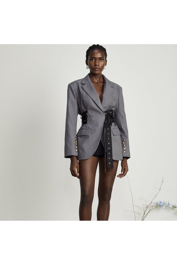 V-Neck Patchwork Belted Blazer