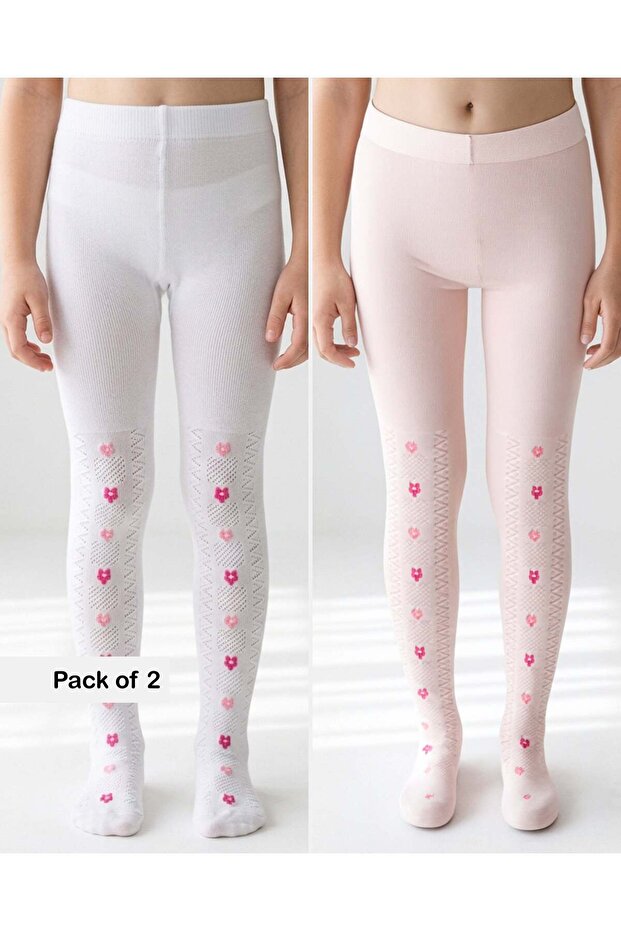 Girls White And Pink Jacquard Tights 2 Pack Set
