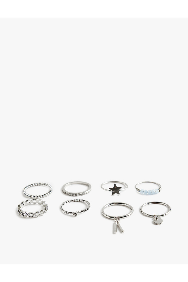 Stone Detailed Charmlı Steel 8-Piece Ring Set