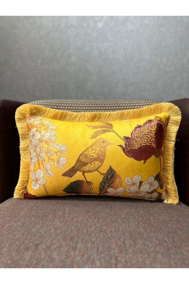 Tasseled Imported Silk Velvet Bird Pattern Yellow Throw Pillow Cover 30X50 Rectangular