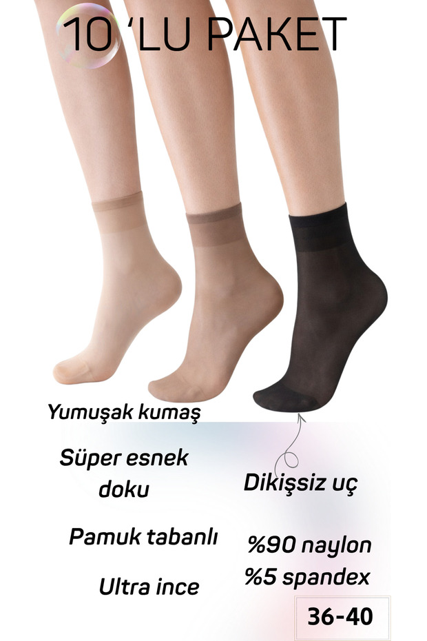Women's 15 Denier Cotton Sole Transparent Socks 10-Pack – Flexible, Seamless Tip (36-40)
